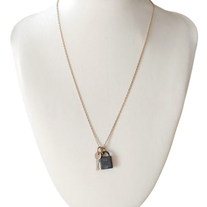 Hermes Amulet Padlock PM Chain Necklace Gold Color Black