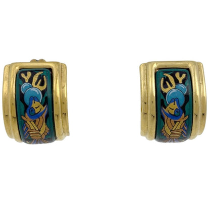 Hermes Enamel Earrings Cloisonne Gold Plated Green