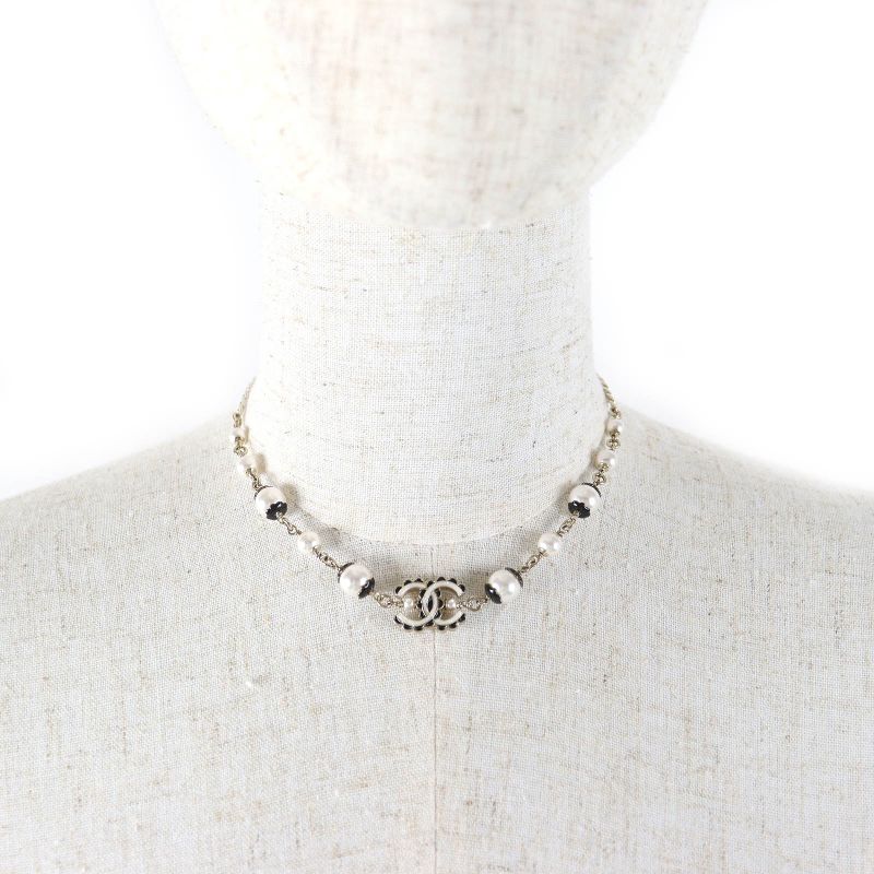 CHANEL Abe157 C24B Coco Mark Pearl Costume Necklace Choker Gold Black White