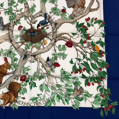 Hermes Carre 90 Silk U Coeur DES BOIS In The Woods Scarf Navy