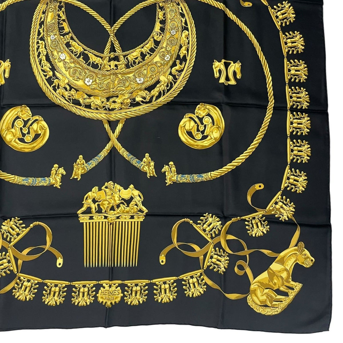 Hermes Scarf Silk Carre 90 les Cavaliers D'Or Golden Knight Black — view 5