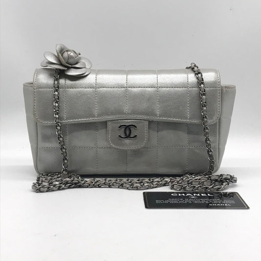 Chanel Lambskin Camellia Choco Bar Chain Shoulder Bag Silver Price Negotiation