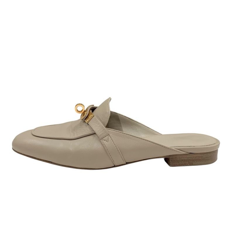 Hermes Oz Flat Shoes Leather Beige Gold Mule Kelly Hardware