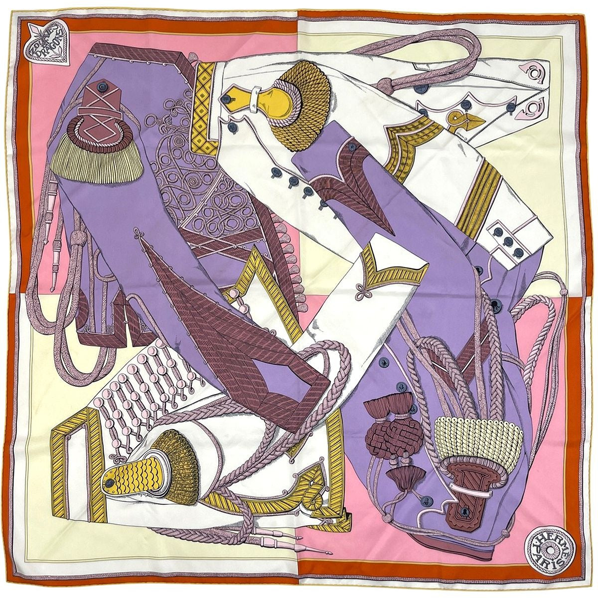 Hermes Carre 90 Zouaves Et Dragons and Scarf Silk Orange Multicolor