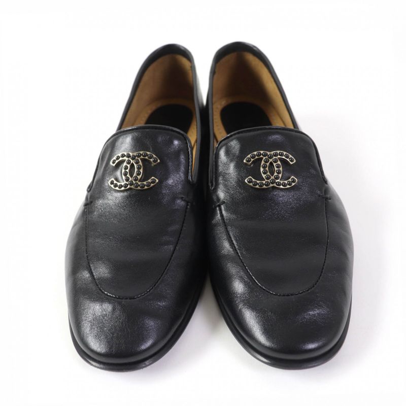 CHANEL 23A G45008 Shiny Calfskin Leather Loafer With Coco Mark Black 38.5 With