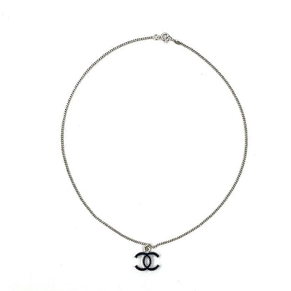 Chanel CC Logo Metal Silver Black Necklace