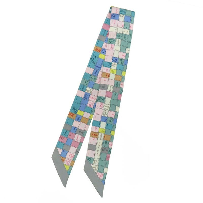Hermes Twilly Bolduc Check Scarf Gray Multicolor 100% Silk