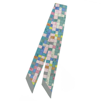 Hermes Twilly Bolduc Check Scarf Gray Multicolor 100% Silk