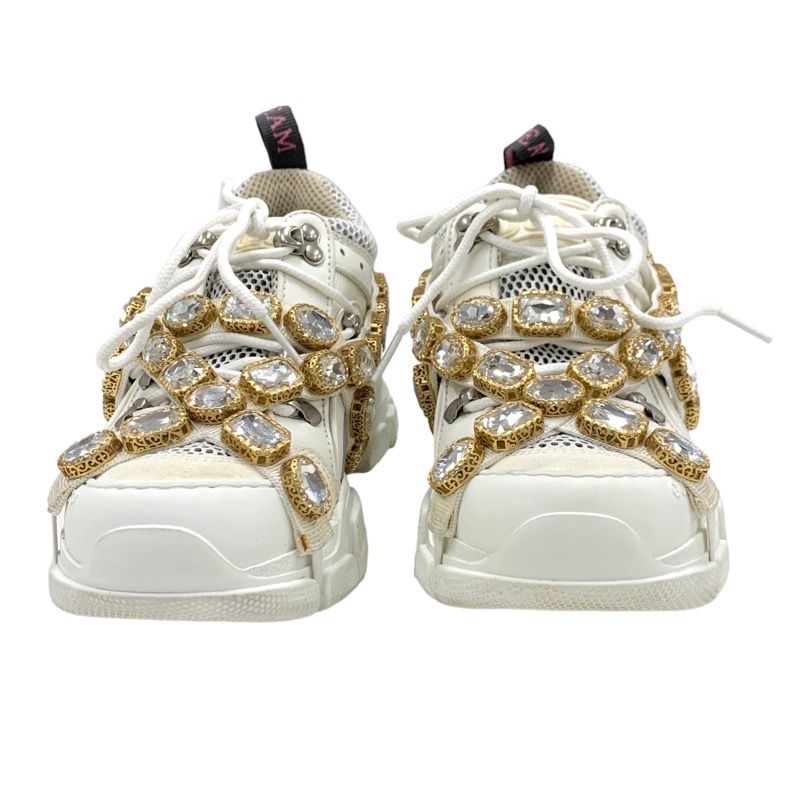 Gucci Flashtrek Sneakers Shoes Leather Fabric White Beige White Gold Logo Bijou