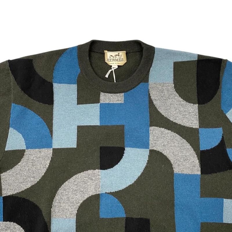 Hermes Short Sleeve Sweater Intarsia Mayon Puzzle Knit Size S Cashmere Gray