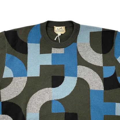 Hermes Short Sleeve Sweater Intarsia Mayon Puzzle Knit Size S Cashmere Gray