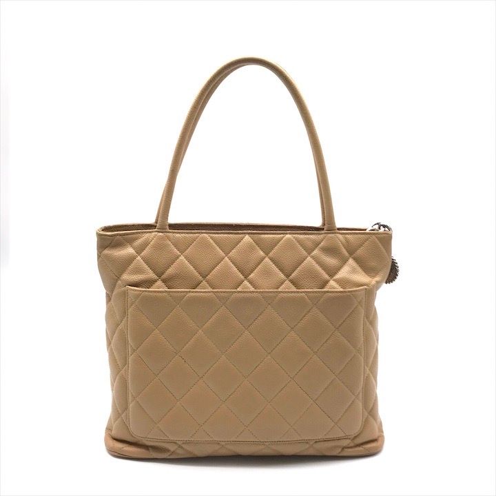 Chanel CC Logo Quilted Caviar Leather Tote Medallion Beige Silver