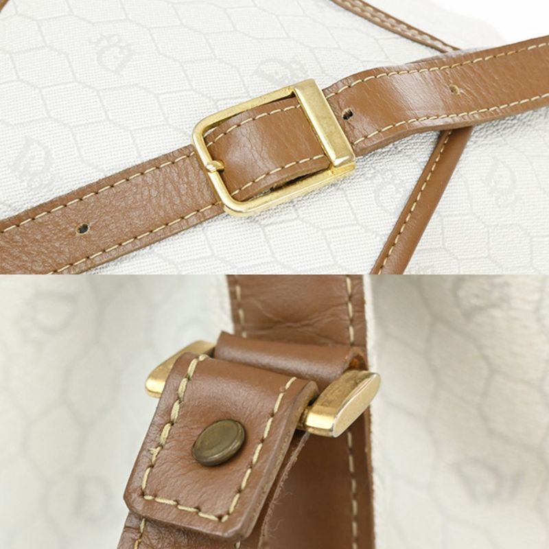 Christian DIOR Shoulder Bag Macadam Drawstring White Brown Leather Vintage