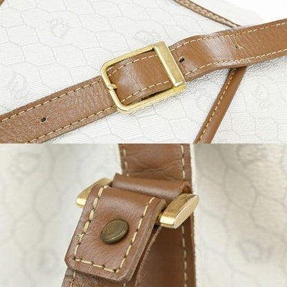 Christian DIOR Shoulder Bag Macadam Drawstring White Brown Leather Vintage