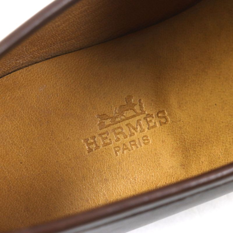 Hermes Logoed Square Toe Leather Shoes Loafers Dark Brown 40 With Box And