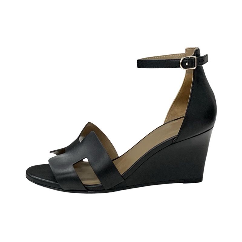 Hermes Legend Sandals Shoes Leather Black Ankle Strap Wedge Sole