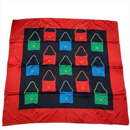 Chanel CC Logo Quilted Vintage Bag Pattern Large Scarf Silk 100% Red Black