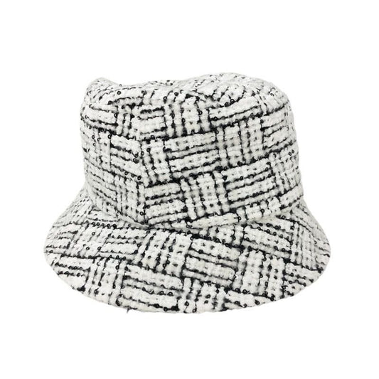 Chanel Hat White Black Coco Mark Tweed Sequin Bucket