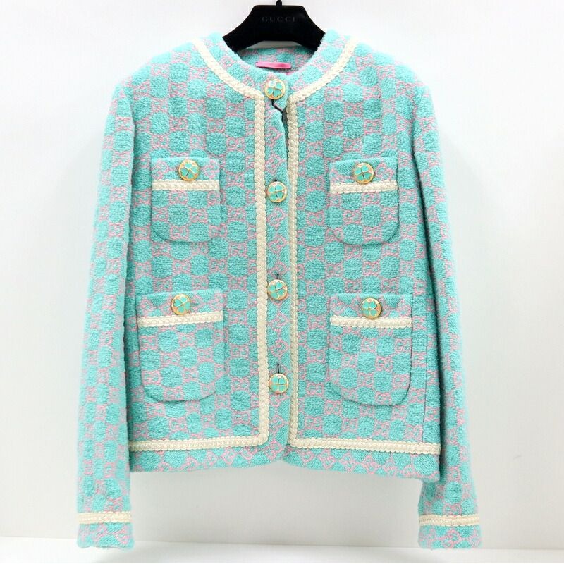 Gucci GG Crowbar Collarless Jacket Cotton Green Pink 44 X