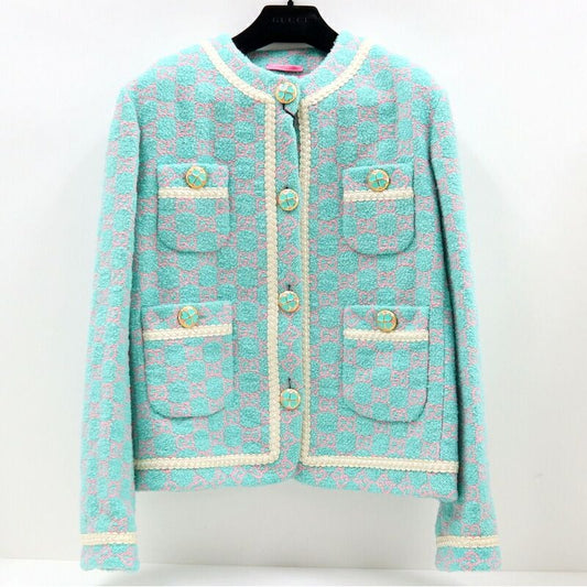 Gucci GG Crowbar Collarless Jacket Cotton Green Pink 44 X