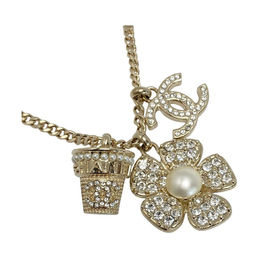 Chanel Coco Mark Flower Necklace B23 S Gold GP Rhinestone Faux Pearl