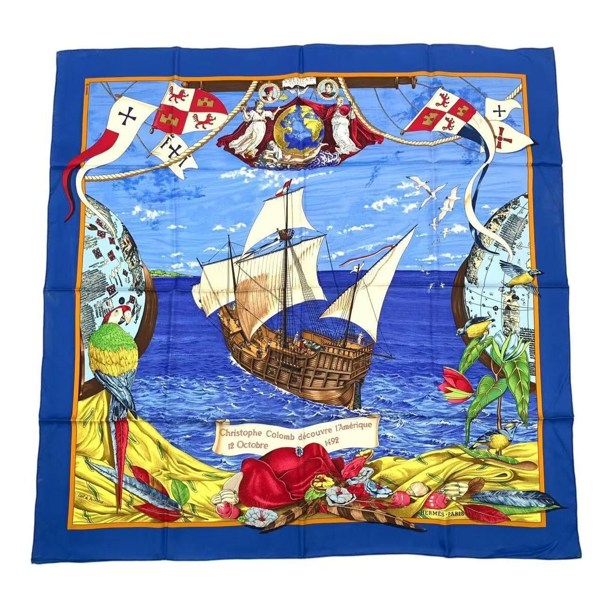 Hermes Scarf Silk Carre 90 Christophe Colomb Decouvre L'amerique 12 Octobre