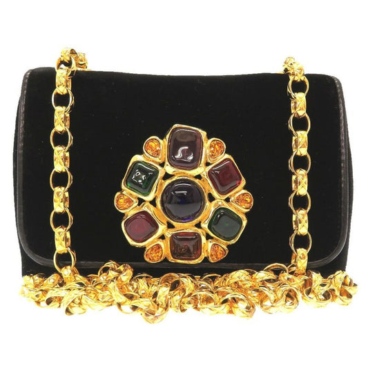 Chanel Multicolor Stone Suede Black 1 Quilted Gold Chain Shoulder Bag Vintage