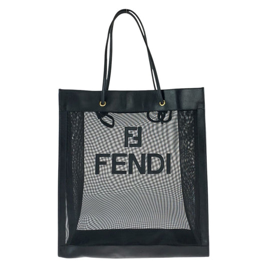 Fendi FF Logo Black Gold Leather Mesh Tote Shoulder Bag