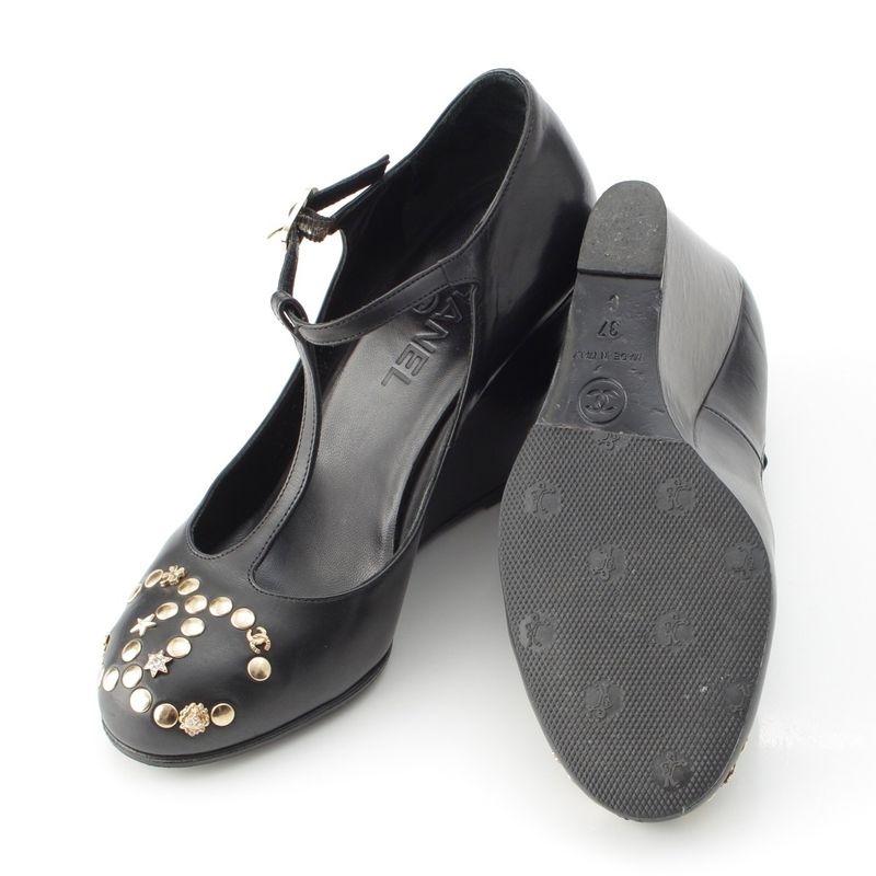 Chanel Coco Mark Bijoux Studded Heel Shoes Pumps Black 37