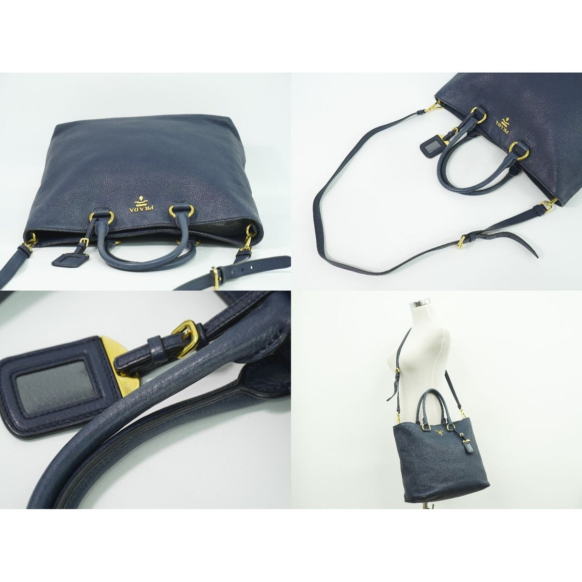 Prada Leather 2-Way Shoulder Bag Tote Navy — view 6