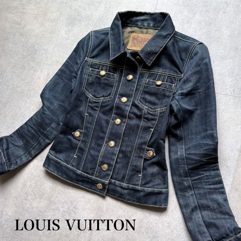Louis Vuitton Logo Gold Button Stone Glitter Denim Jacket 34 XS