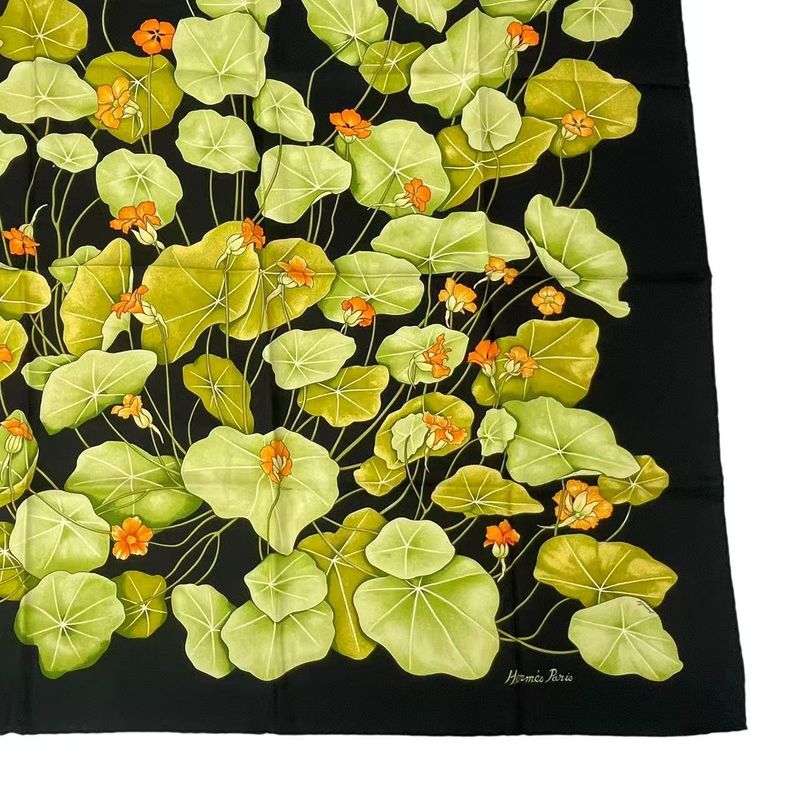 Hermes Carre 90 Silk Scarf LES Capucines Golden Lotus Flower Black