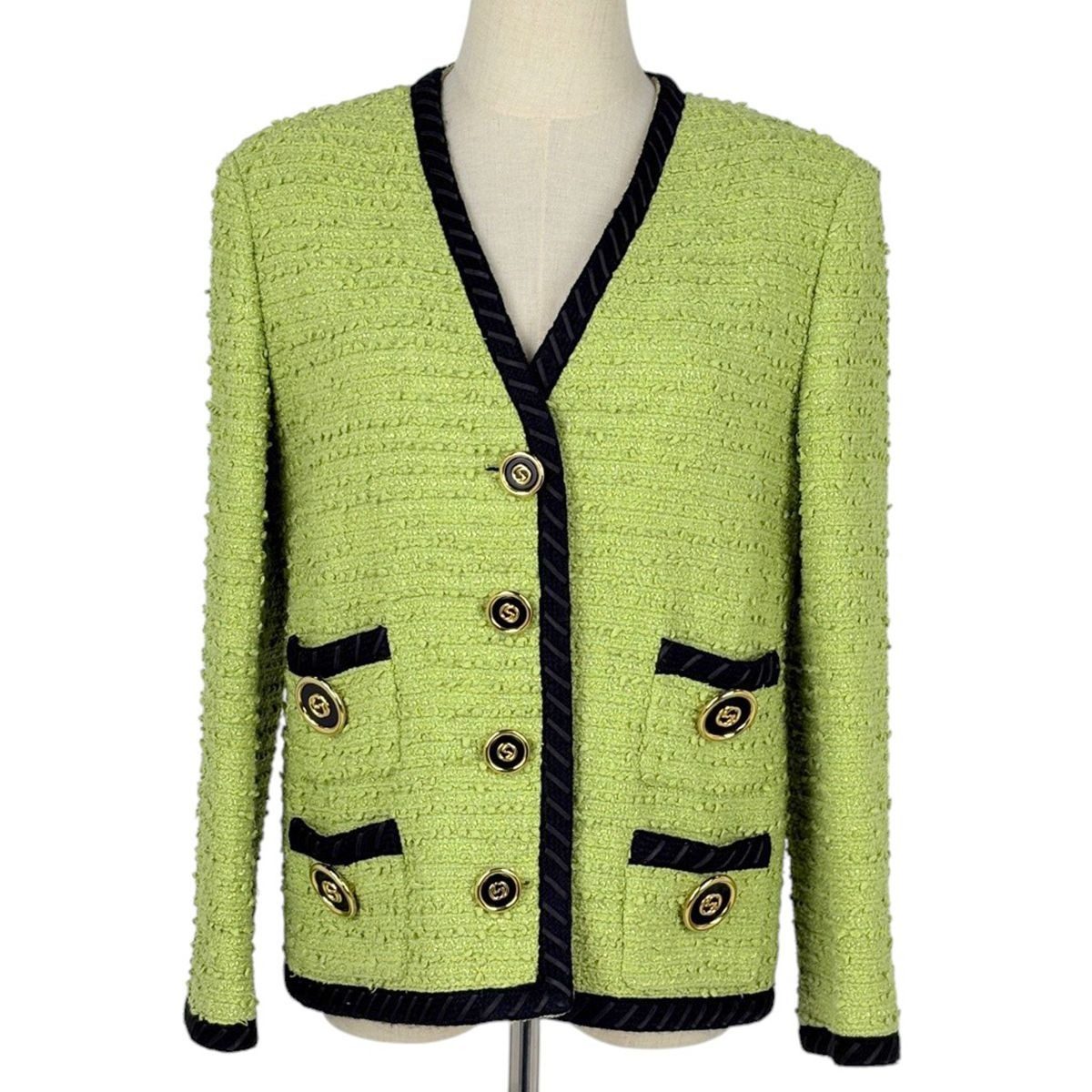 Gucci Logo Button Collarless Jacket Cotton Nylon Rayon Green Black