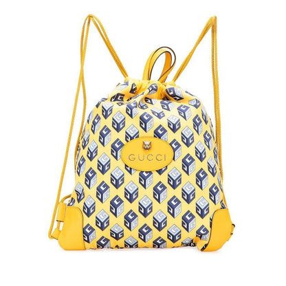 Gucci Toriko Drawstring Cube Backpack Nap Sac Yellow Blue Nylon Leather