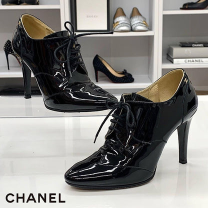 Chanel Patent Coco Mark Lace Up Booties Black