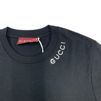 Gucci Light Cotton Jersey T-Shirt Top Black Logo Rhinestone