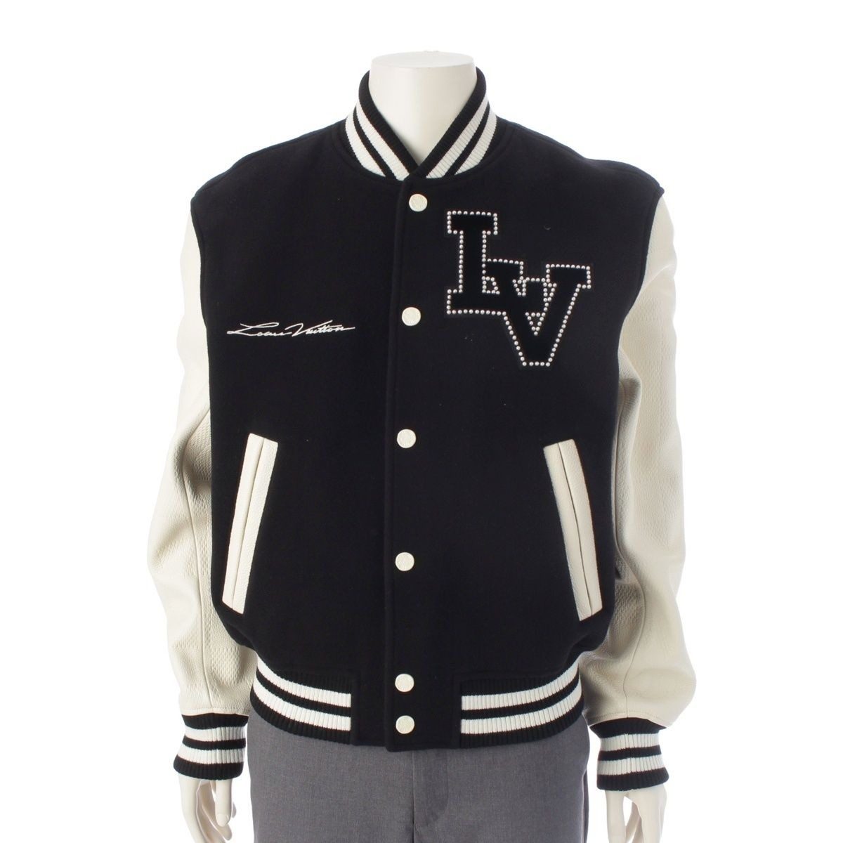 Louis Vuitton Wool Arm Leather Logo Patch Stadium Jean Jacket Bqv Black White 52