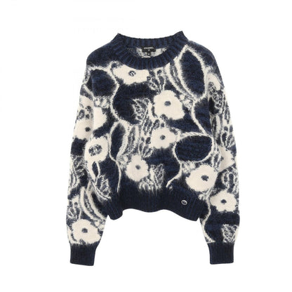 Chanel Knit Top CC Logo Button Cashmere Wool Blue Navy. White