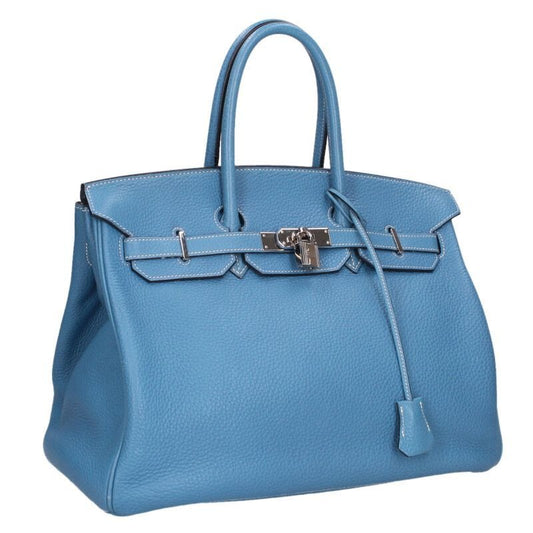 Hermes Birkin 35 Taurillon Clemence Blue Jean Handbag