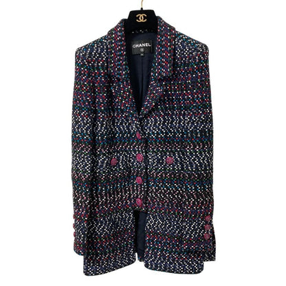Chanel CC Logo Button Multi Tweed Jacket 36 Navy Color