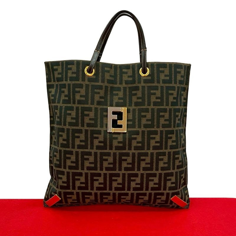 Fendi Zucca FF All Over Pattern Logo Hardware Canvas Leather