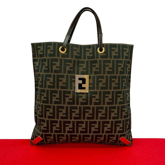 Fendi Zucca FF All Over Pattern Logo Hardware Canvas Leather