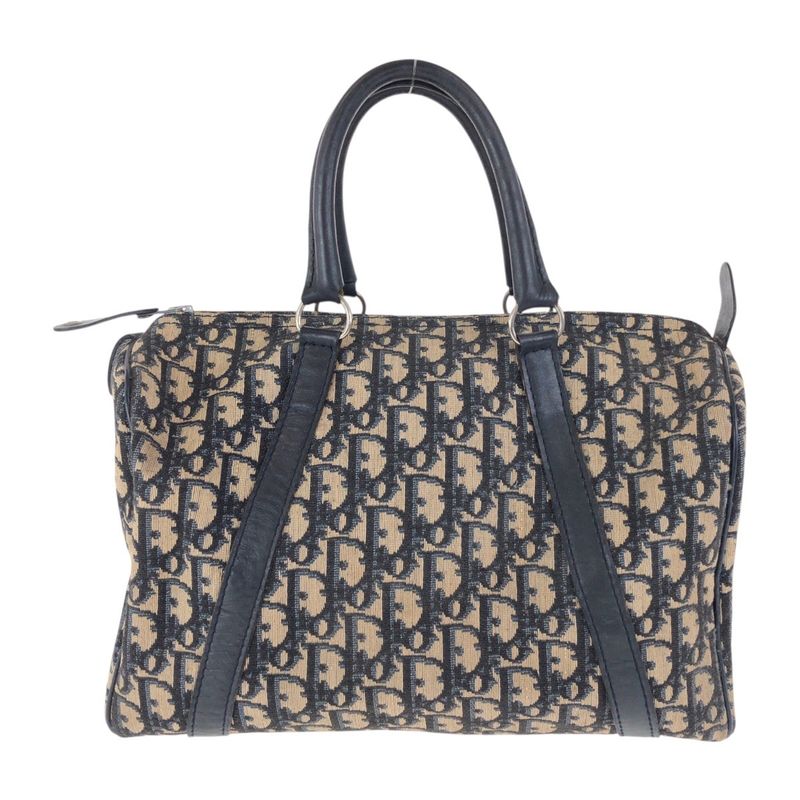 DIOR Vintage Trotter Navy Beige Silver Hardware Canvas/leather Handbag Boston