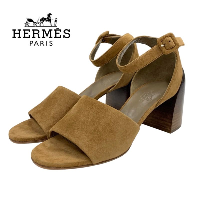 Hermes Sandals Shoes Suede Brown Ankle Belt