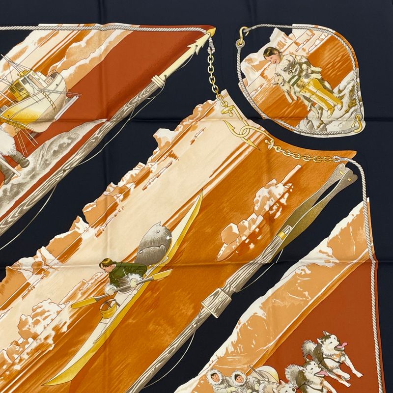Hermes Carre 90 1982 Gronland Greenland Eskimo Dog Sled Silk Scarf Black