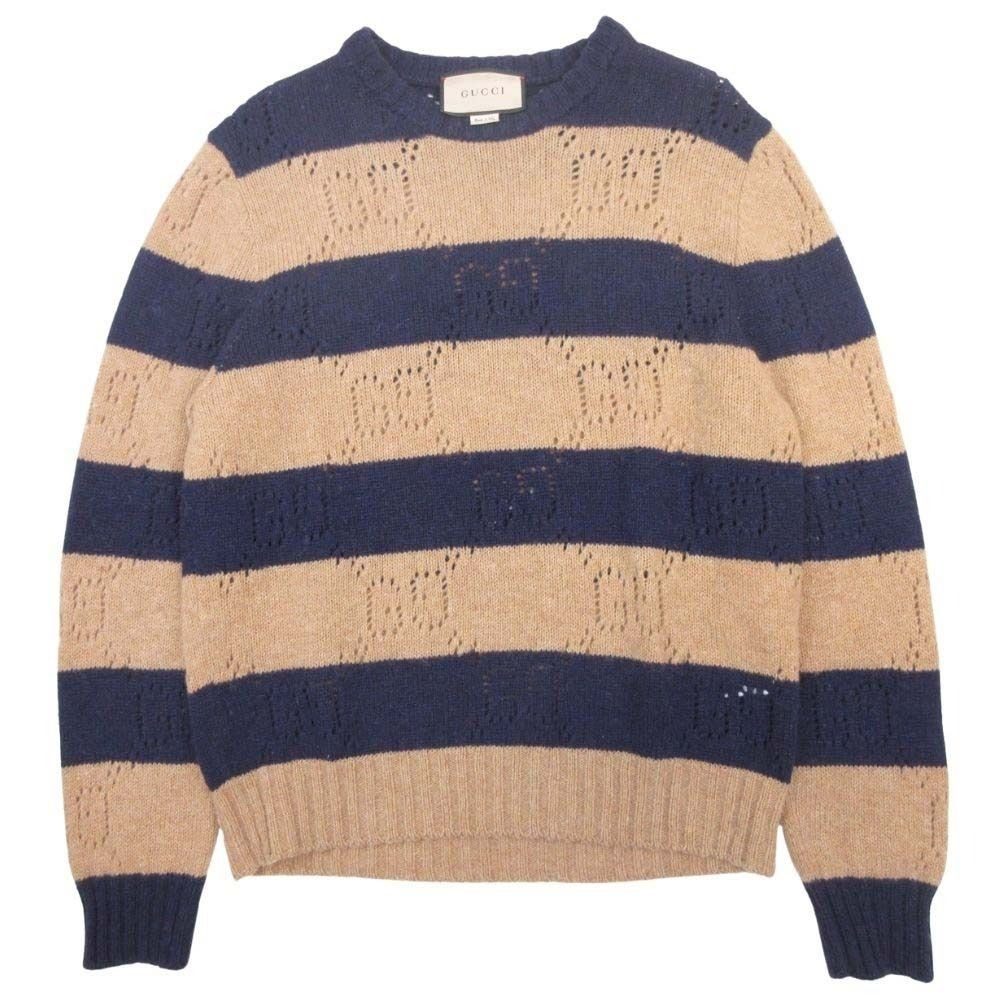 Gucci GG Pattern Border Sweater Knit Pullover Top Wool Long Sleeve Crew Neck M