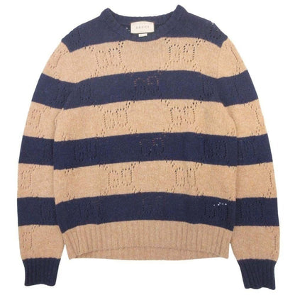 Gucci GG Pattern Border Sweater Knit Pullover Top Wool Long Sleeve Crew Neck M