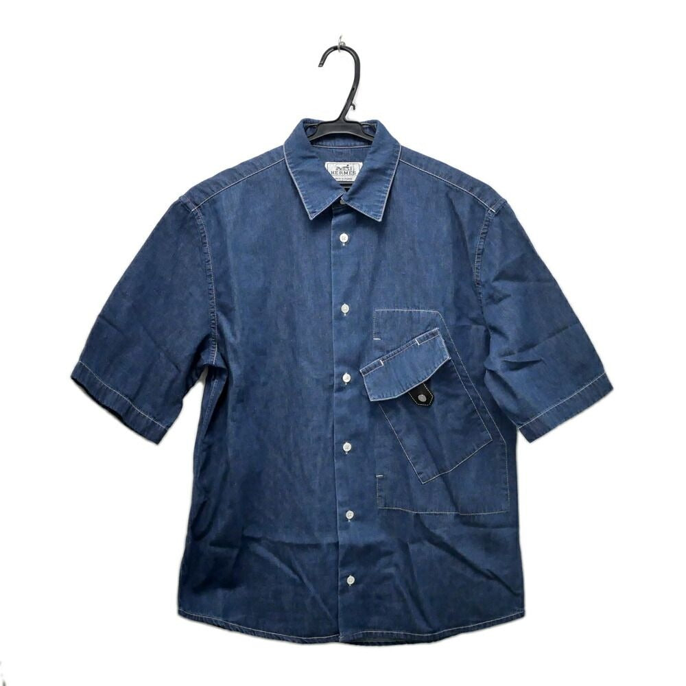 Hermes Denim Short Sleeve Shirt with Buttons 38 Blue