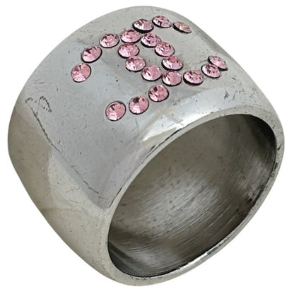 Chanel CC Logo Rhinestone Ring Silver Plated