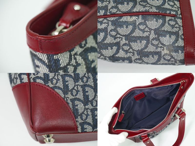 Authentic Christian DIOR Trotter Tote Handbag Canvas Leather Navy Bordeaux